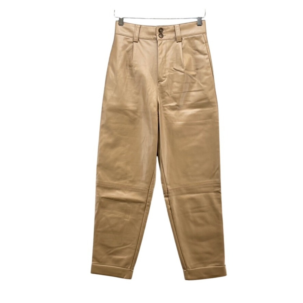 Zara Faux Leather Pants Women XS Tan High Rise Pleated Tapered Cuffed Trousers